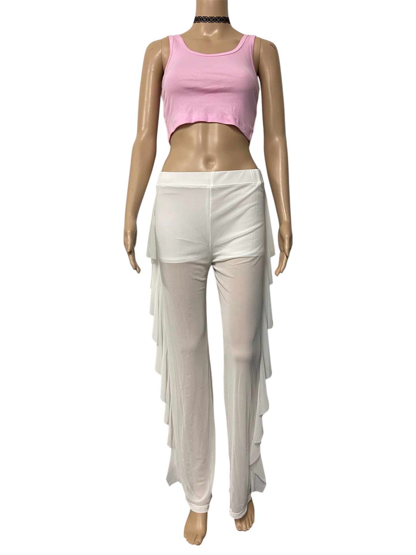 White Sheer Mesh Ruffle Pants