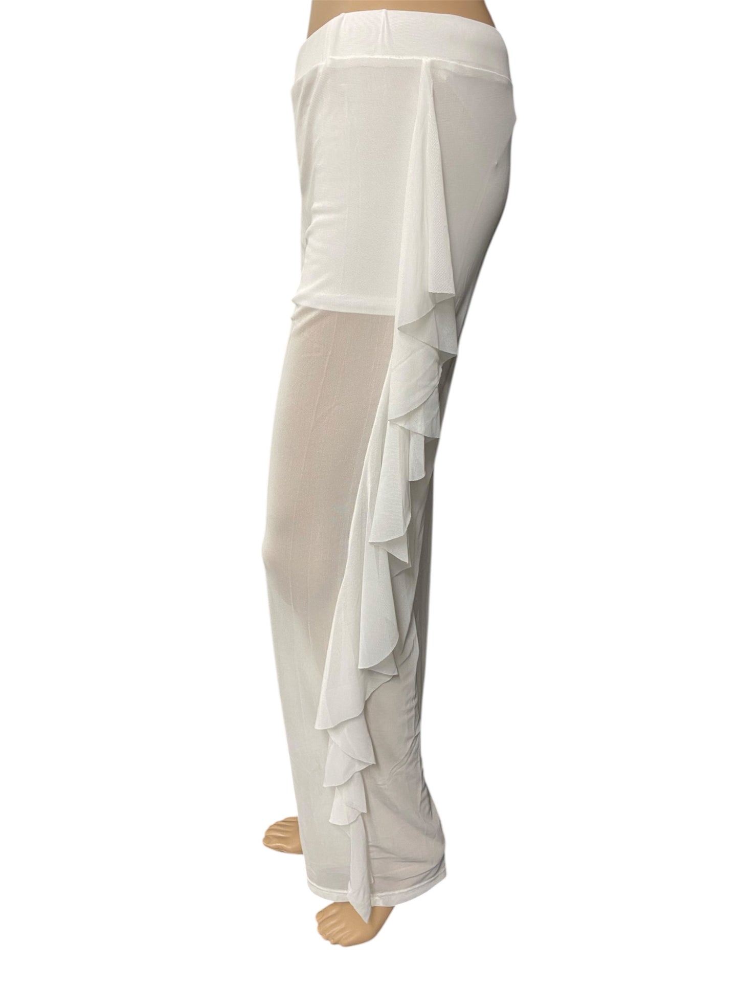 White Sheer Mesh Ruffle Pants