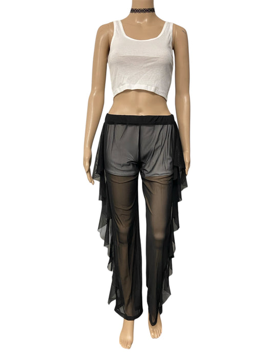 Black Sheer Mesh Ruffle Pants