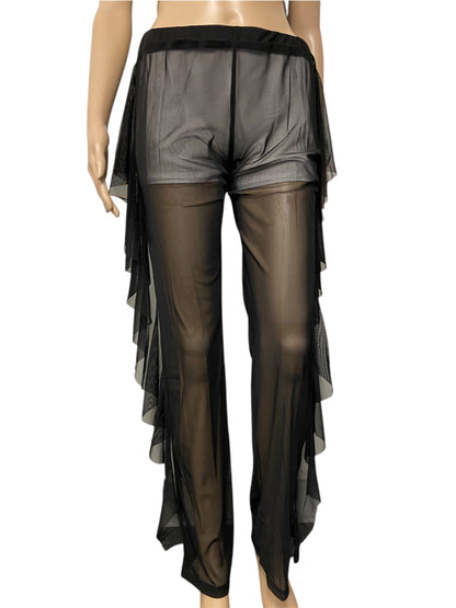 Black Sheer Mesh Ruffle Pants