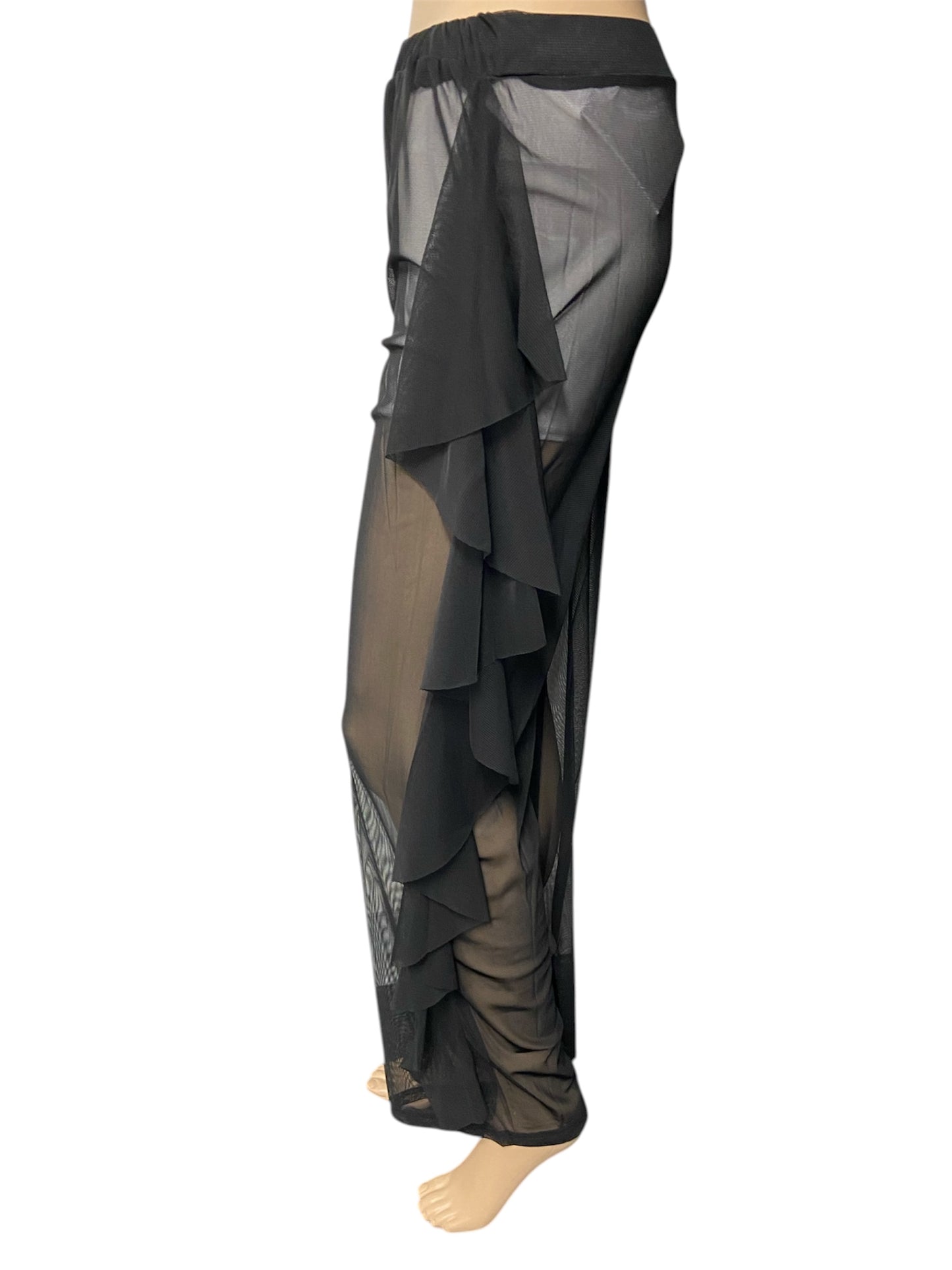 Black Sheer Mesh Ruffle Pants