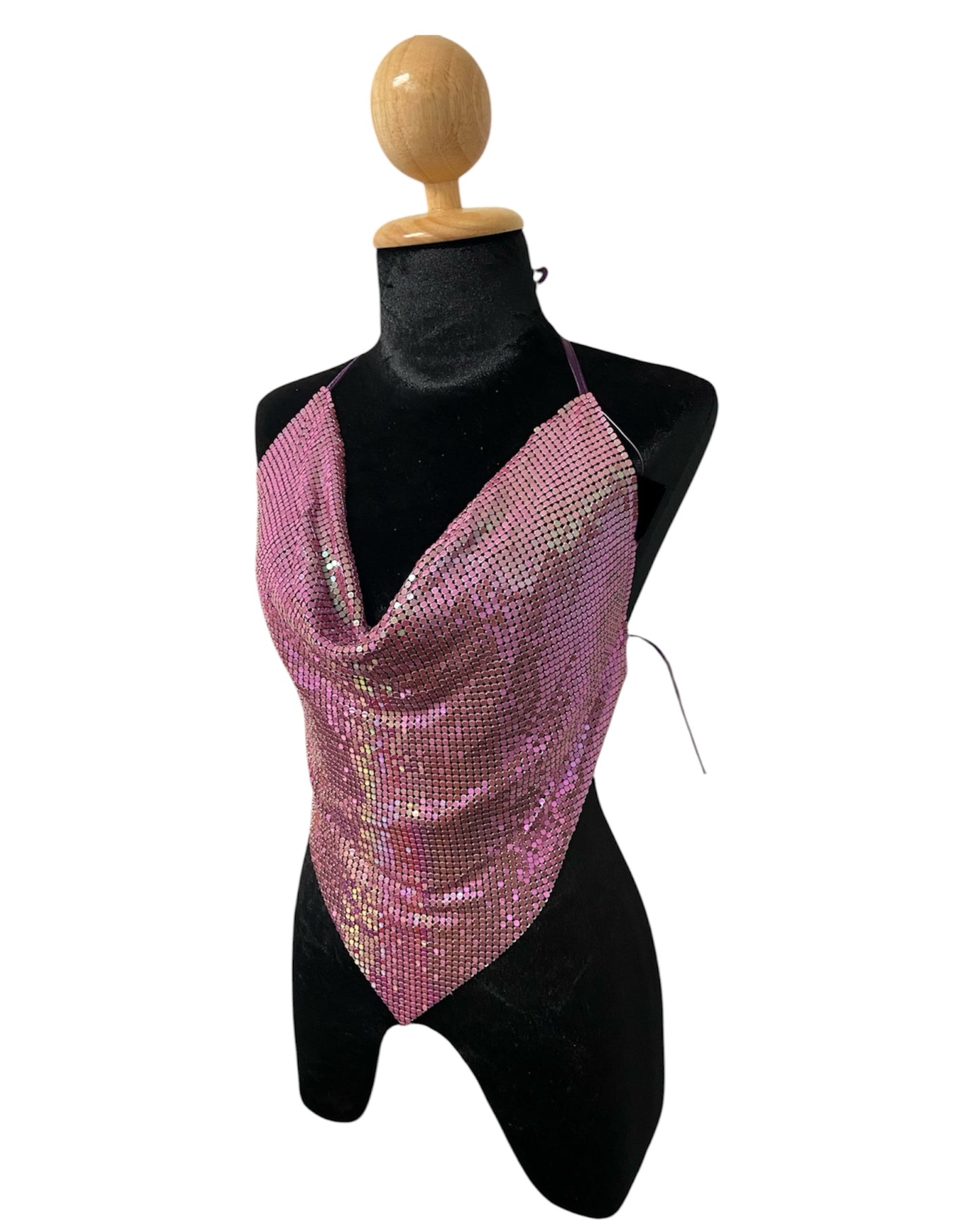 Iridescent Pink Metal Mesh Triangle Top