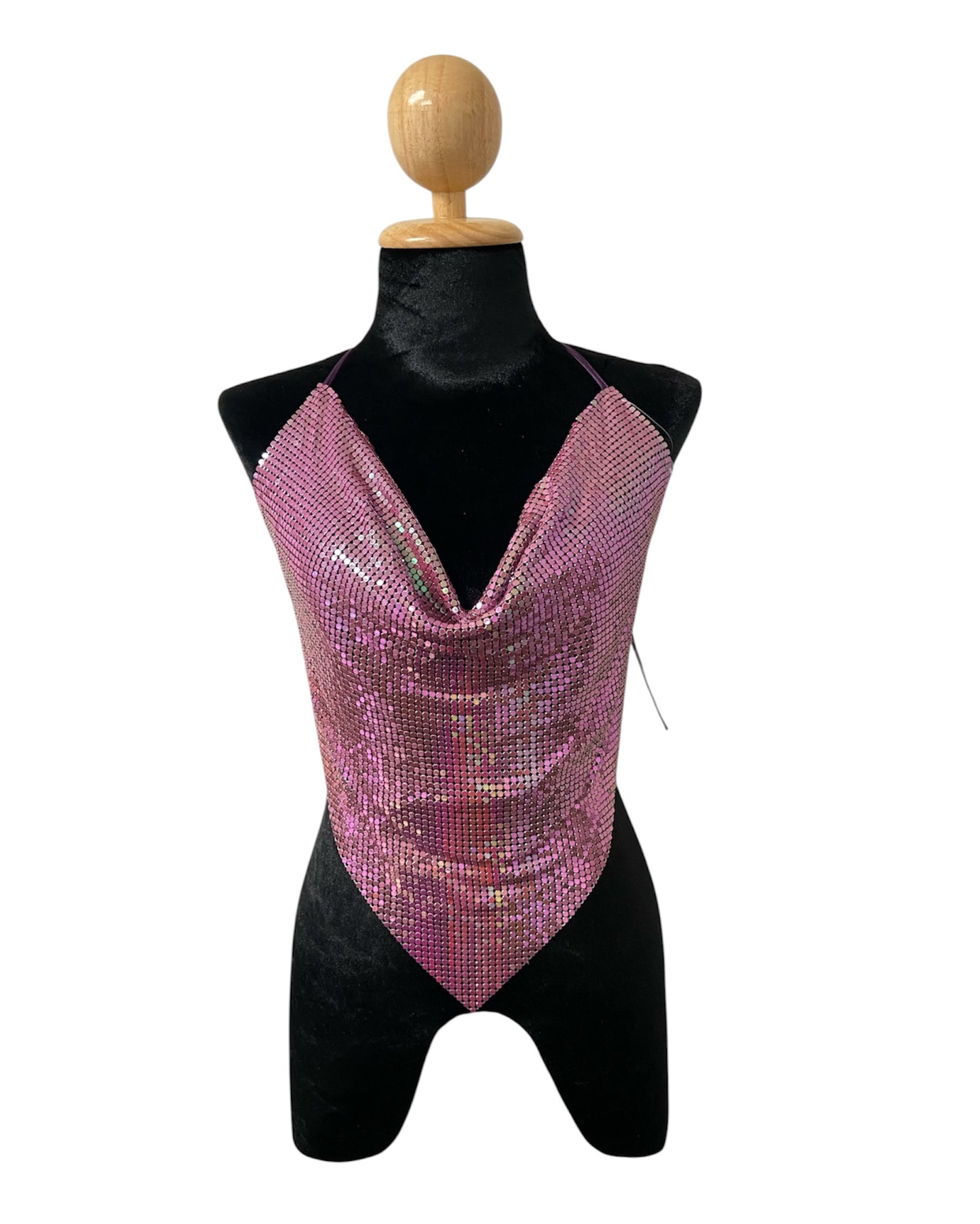 Iridescent Pink Metal Mesh Triangle Top