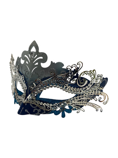 Silver and Blue Venetian Metal Filigree Mask