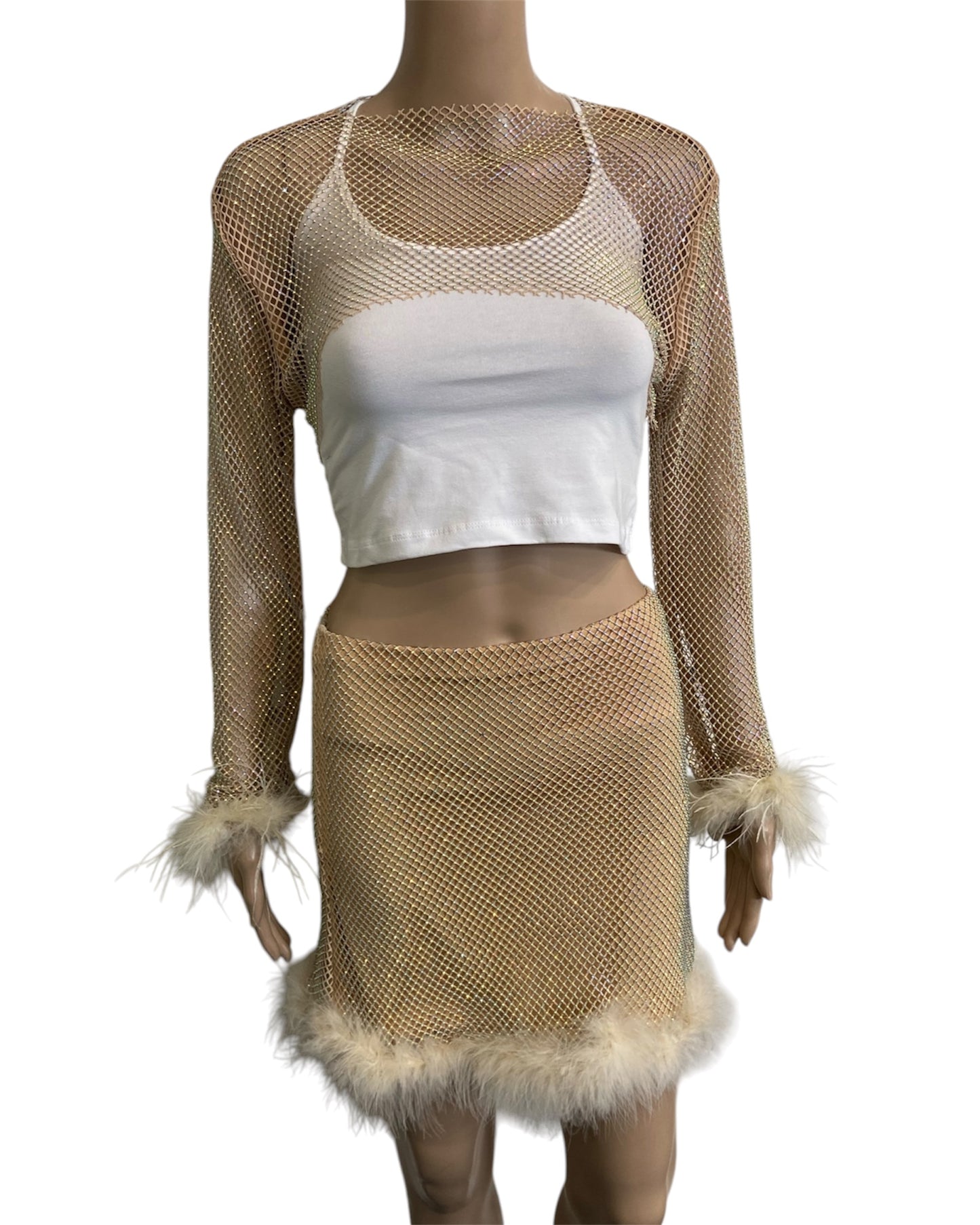 Tan Crystal Ultra-Cropped Shrug Top with Fluffy Trim