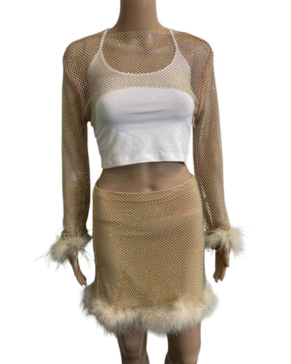 Tan Crystal Ultra-Cropped Shrug Top with Fluffy Trim