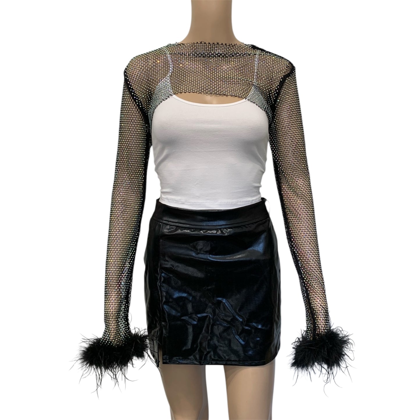 Black Crystal Ultra-Cropped Shrug Top with Fluffy Trim