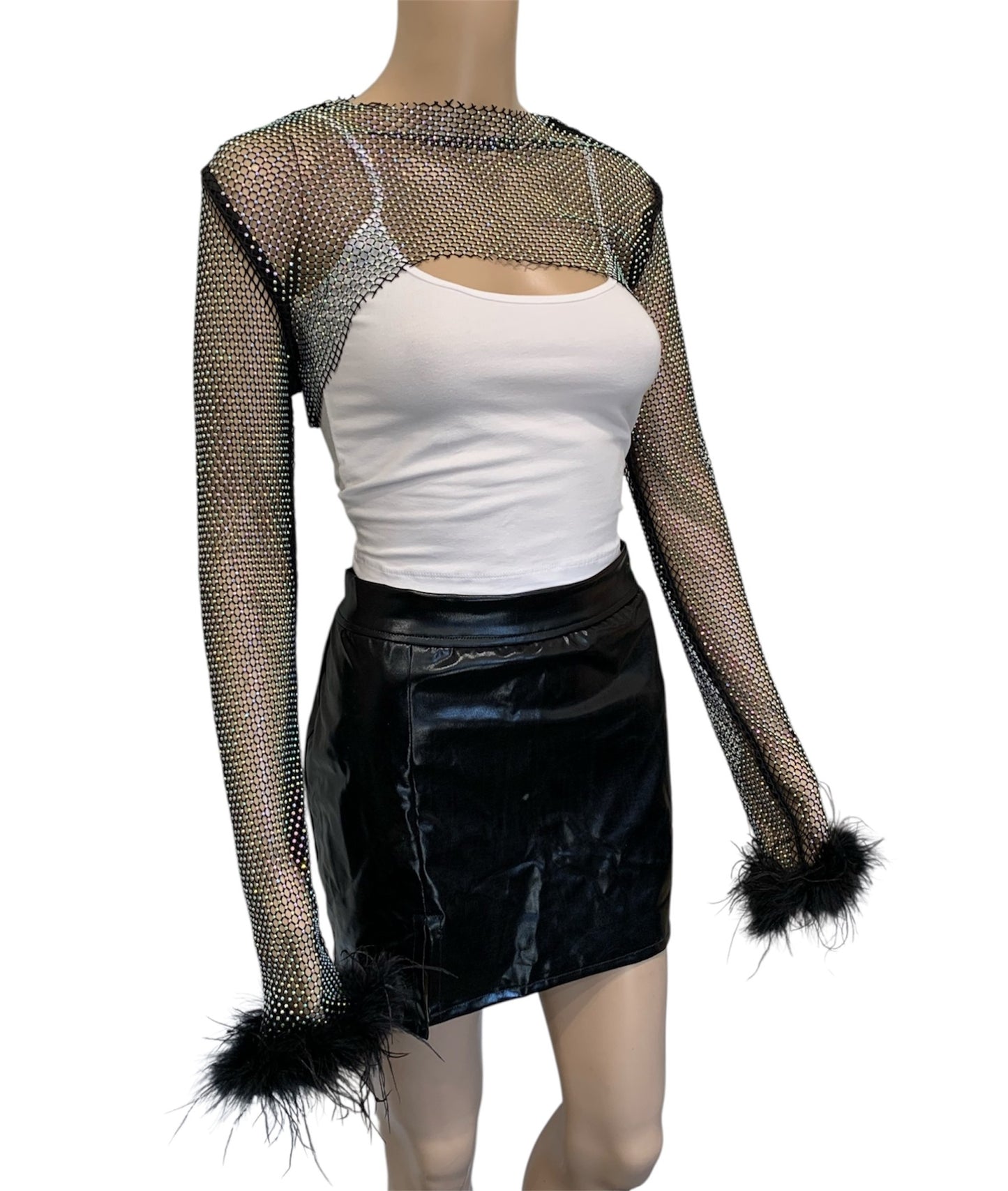 Black Crystal Ultra-Cropped Shrug Top with Fluffy Trim