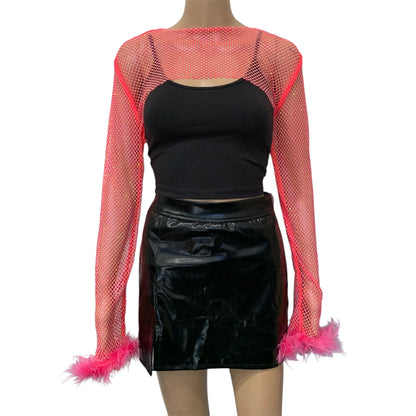 Neon Pink Crystal Ultra-Cropped Shrug Top with Fluffy Trim