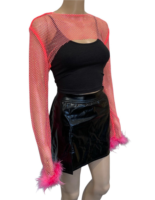 Neon Pink Crystal Ultra-Cropped Shrug Top with Fluffy Trim
