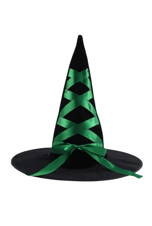 Black Witch Hat with Green Ribbon