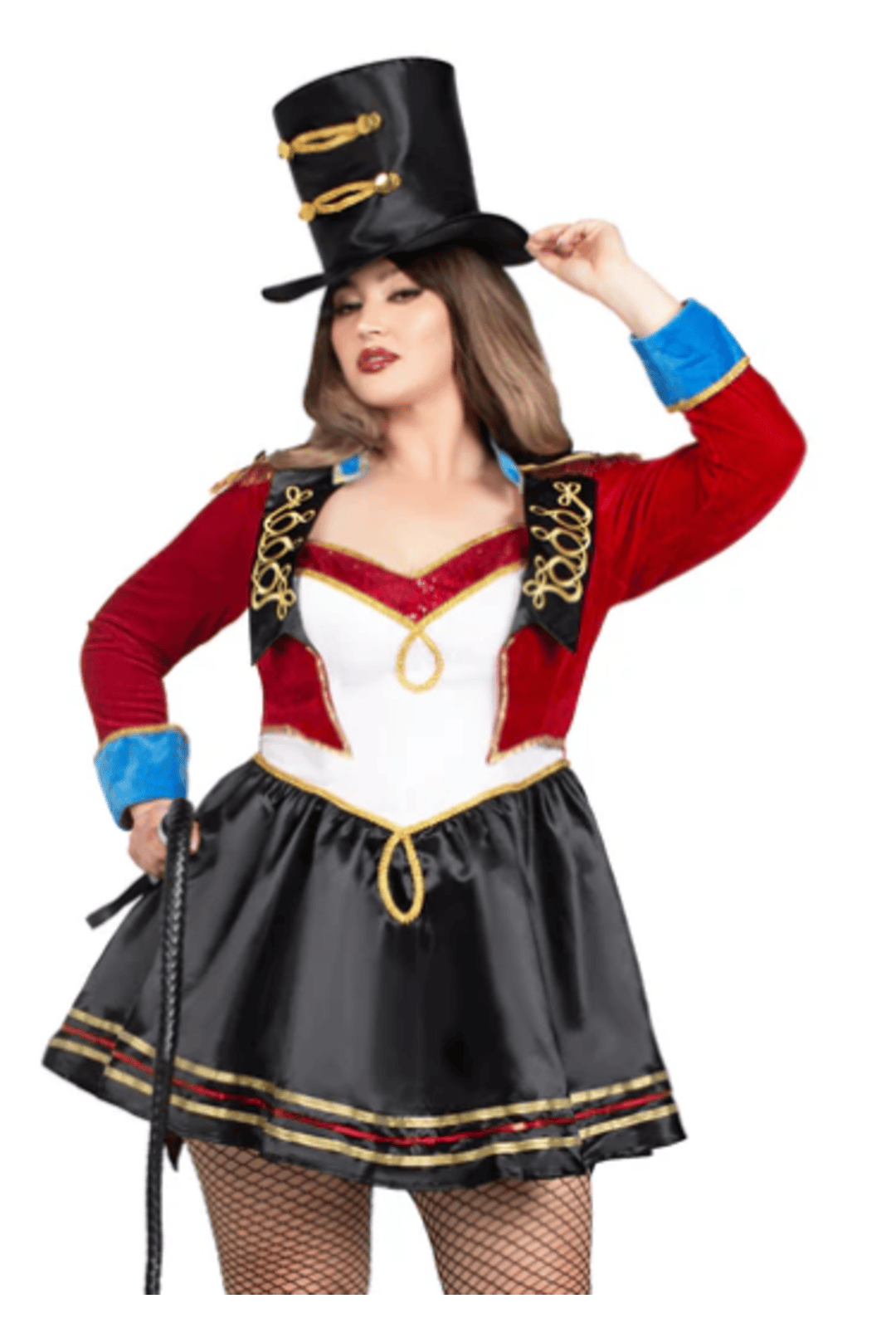 Long sleeved, sequin trimmed crimson, black and white satin dress with embroidered crimson tailcoat and top hat.