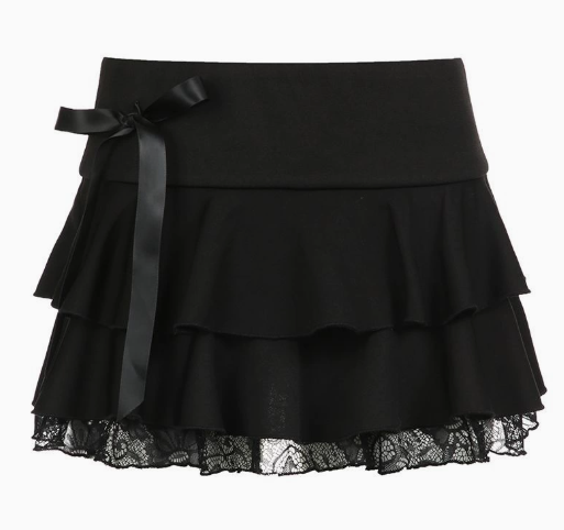 Tiered Black Gothic Mini Skirt With Lace Trim