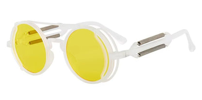 white round steampunk glasses with spring detailing and yellow tinted circle lenses