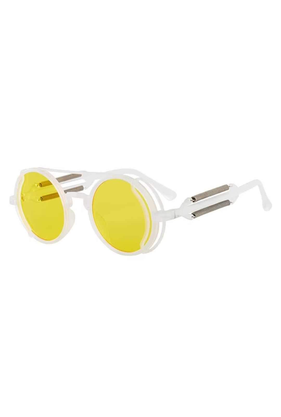 white round steampunk glasses with spring detailing and yellow tinted circle lenses