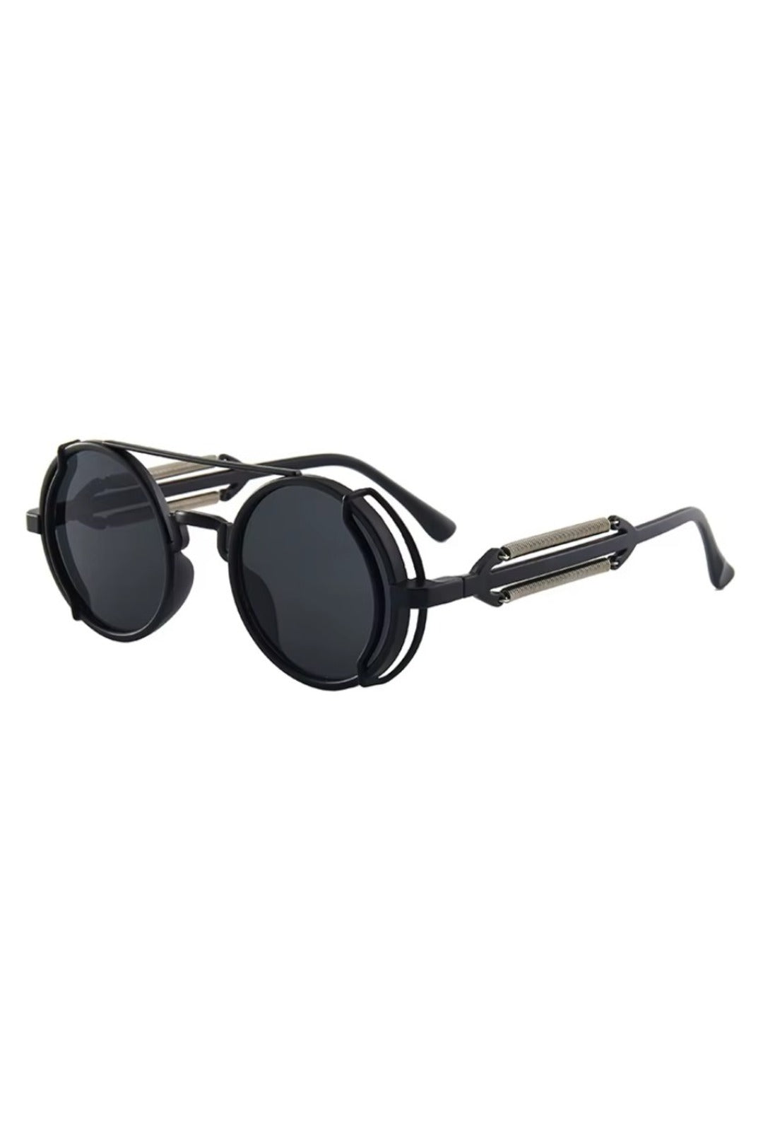 black round steampunk glasses with spring detailing and black tinted circle lenses