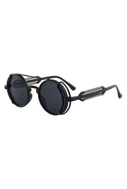 black round steampunk glasses with spring detailing and black tinted circle lenses