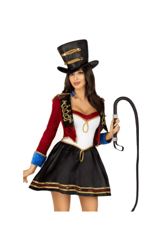 Longsleeve, jacket-look burgundy top with black lapels and gold trims over a white corset-look bodice. Black skirt with gold and red trim. 