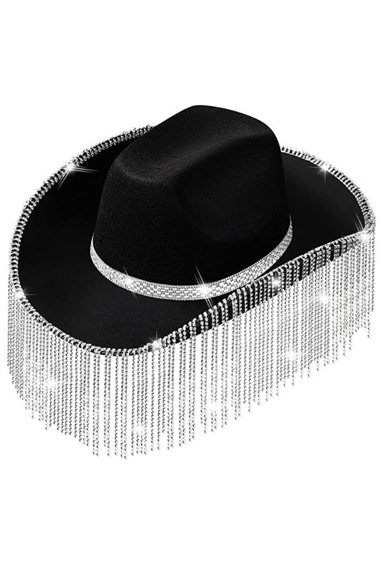 Black Long Diamanté Tassel Cowboy Hat