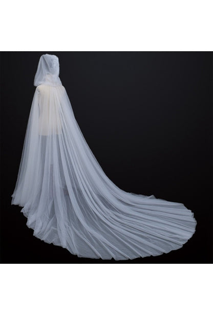 White Tulle Hooded Cloak with Train