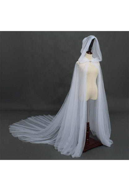 White Tulle Hooded Cloak with Train