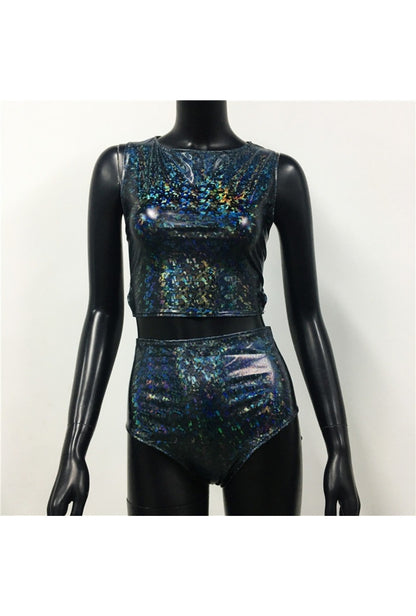 Iridescent Black Crop Top and Mini Shorts