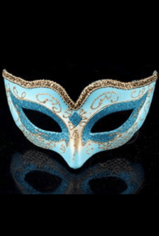 Light Blue and Gold Glitter Masquerade Mask