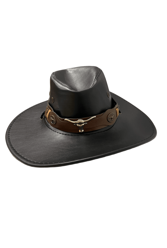 Black PU Cowboy Hat with Animal Decor