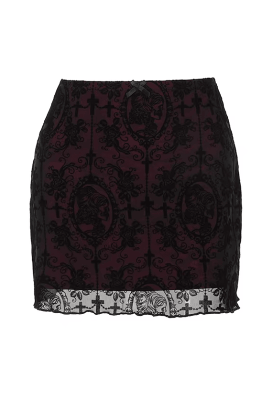 Red & Black Flocked Overlay Gothic Skirt