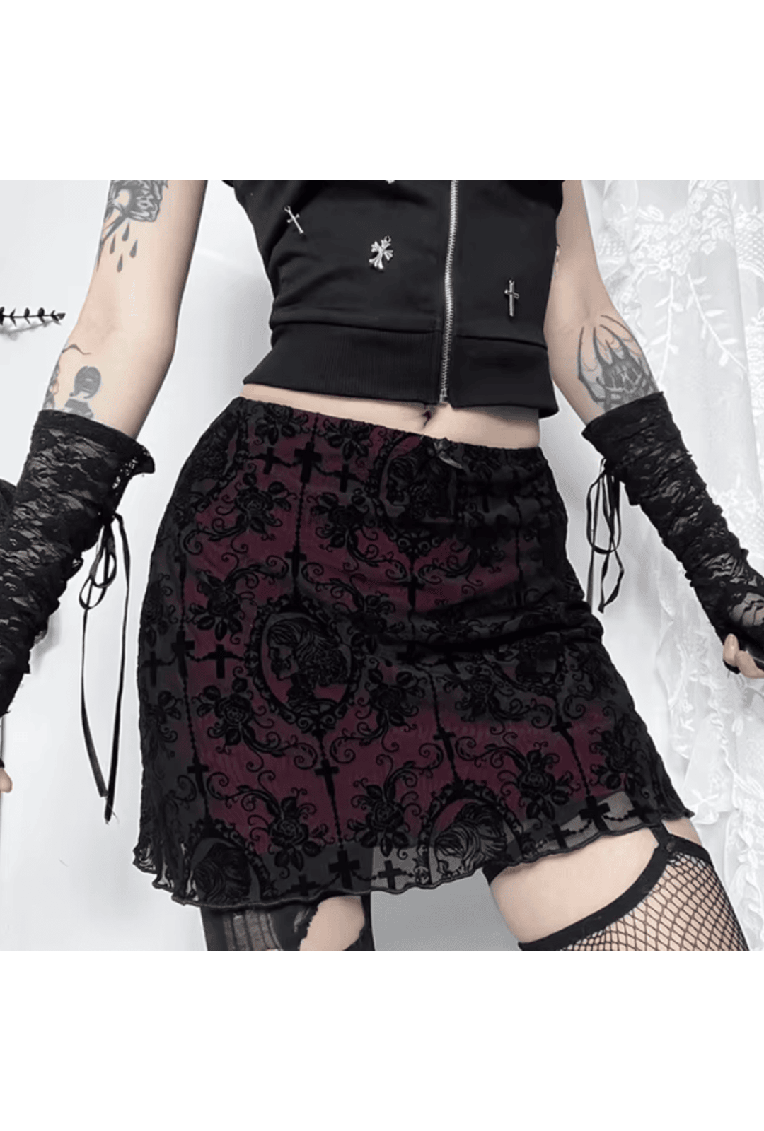 Red & Black Flocked Overlay Gothic Skirt