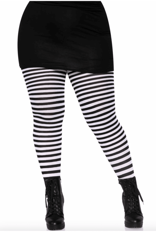 Plus Size Black and White Striped Pantyhose