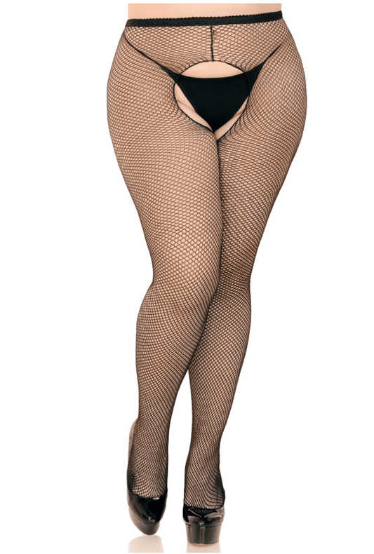 Plus Black Fishnet Crotchless Pantyhose