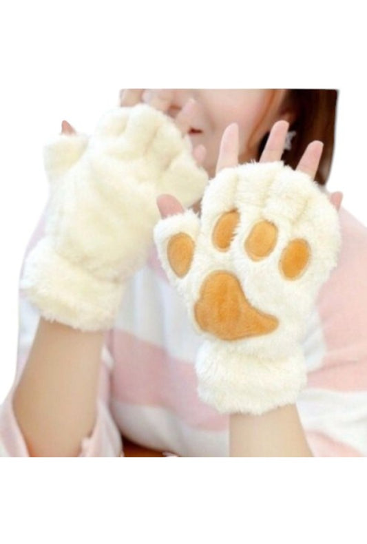 White & Tan Fluffy Cat Paw Gloves