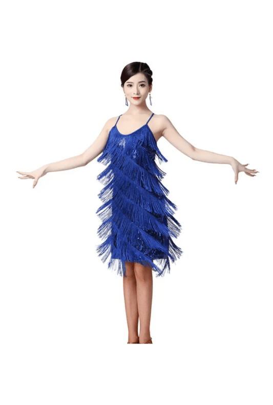 Dark Blue Diagonal Fringe Sequined Flapper Dress