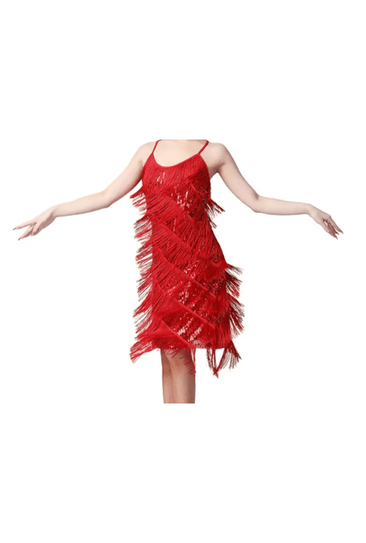 Red Diagonal Fringe Sequined Flapper Dress