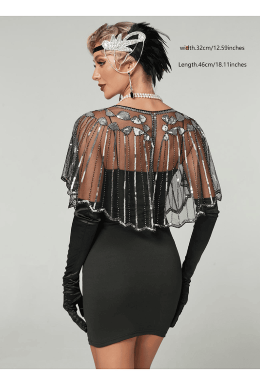 Black and Silver Sequin and Mesh Flapper Shawl