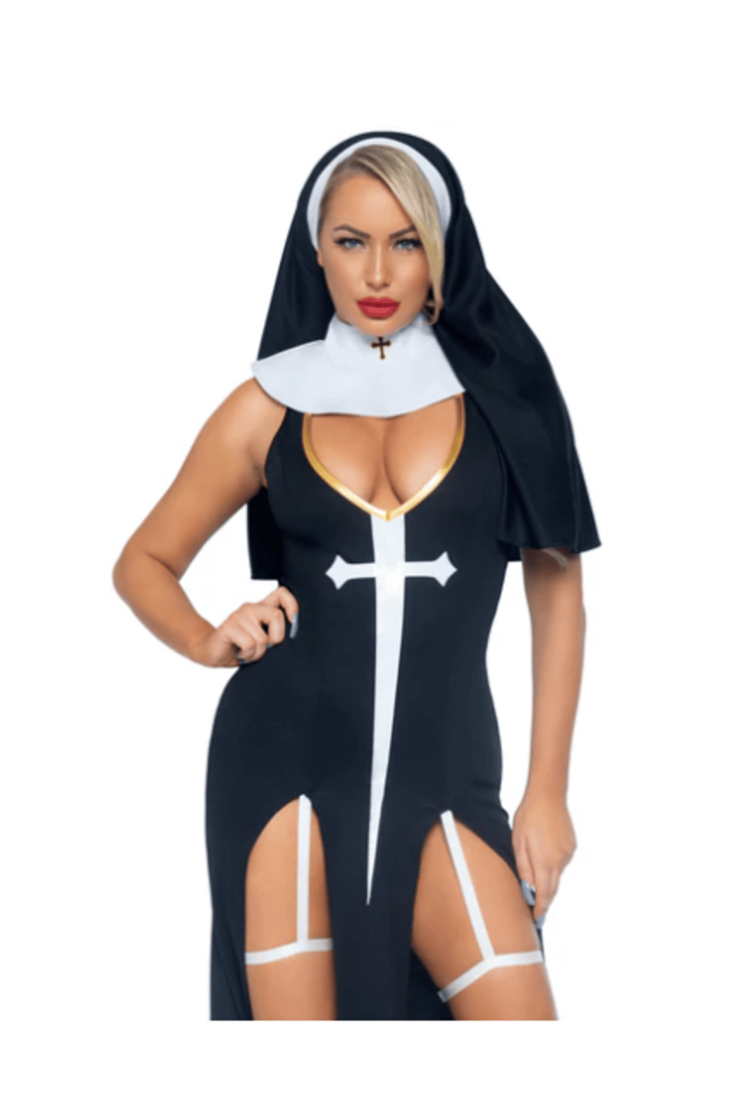 Black Nun cloak and Nun Habit with White Vinyl Collar, Cross Detailing on the front and White Garters