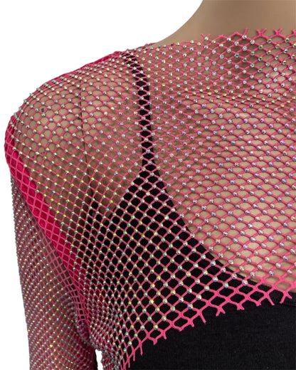 Hot Pink Crystal Ultra-Cropped Shrug Top with Fluffy Trim