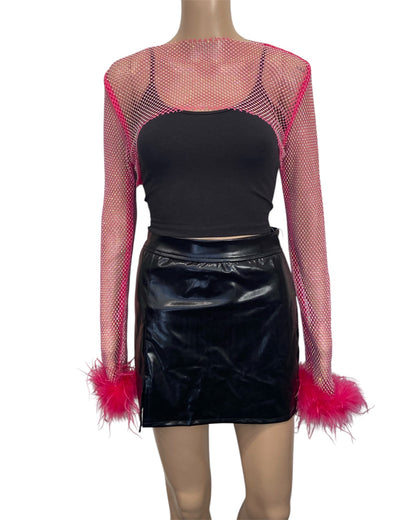 Hot Pink Crystal Ultra-Cropped Shrug Top with Fluffy Trim
