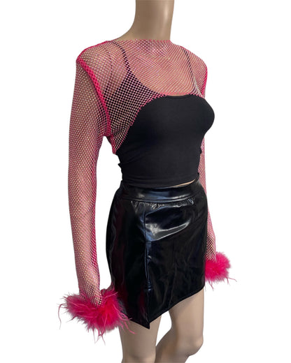 Hot Pink Crystal Ultra-Cropped Shrug Top with Fluffy Trim