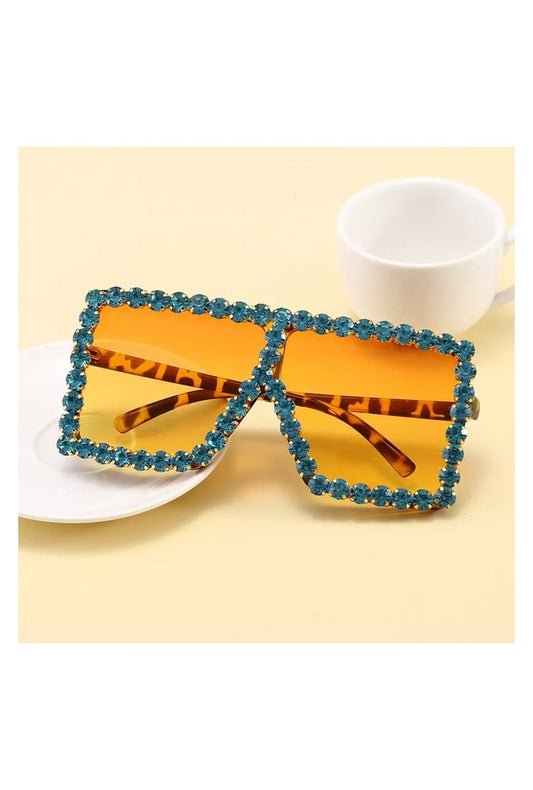 Fashion Yellow Lens Blue Rhinestone Frame Glasses