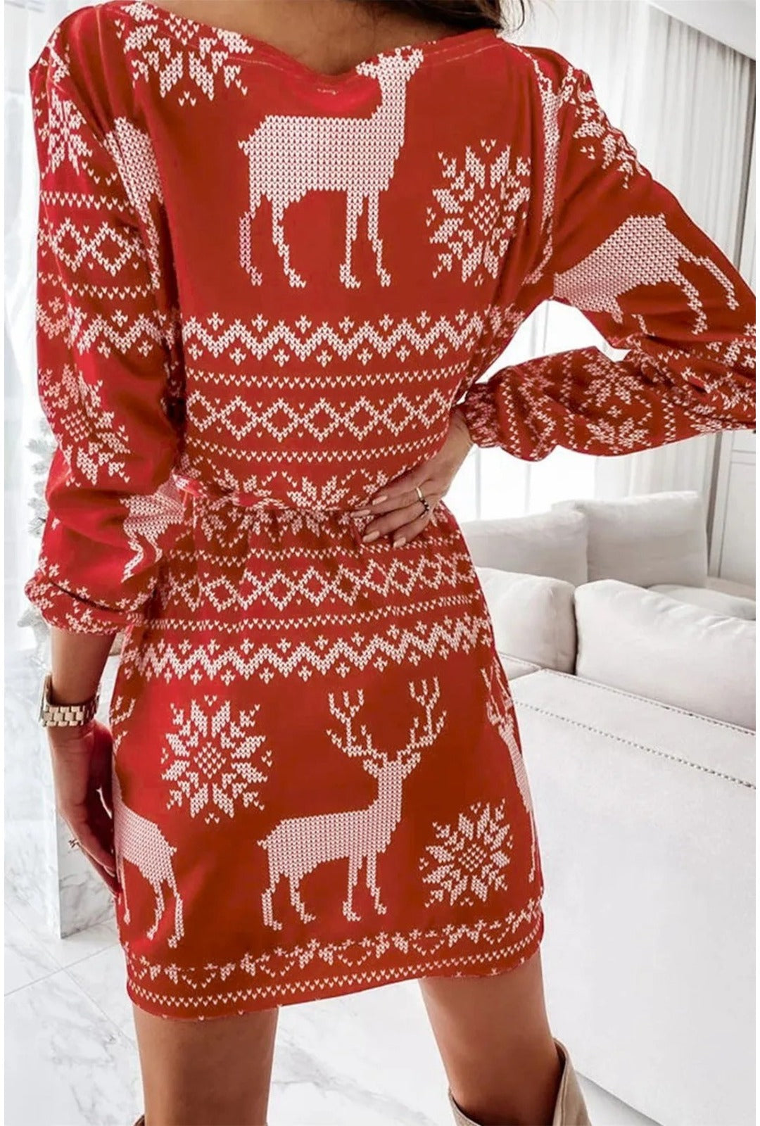 Red Christmas Aztec Long Sleeve Dress
