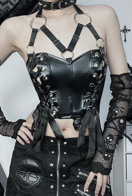 Black Gothic Lace-Up Bustier Crop Top