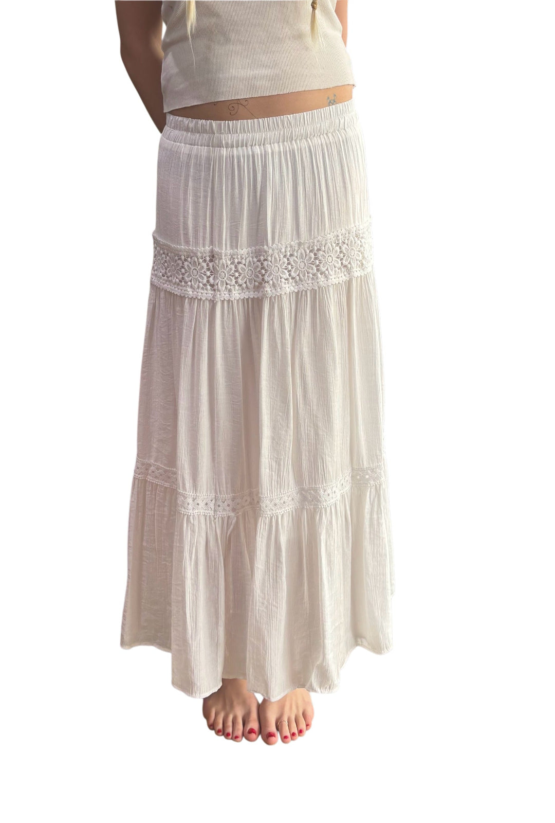 Antique White Boho Skirt With Floral Detail