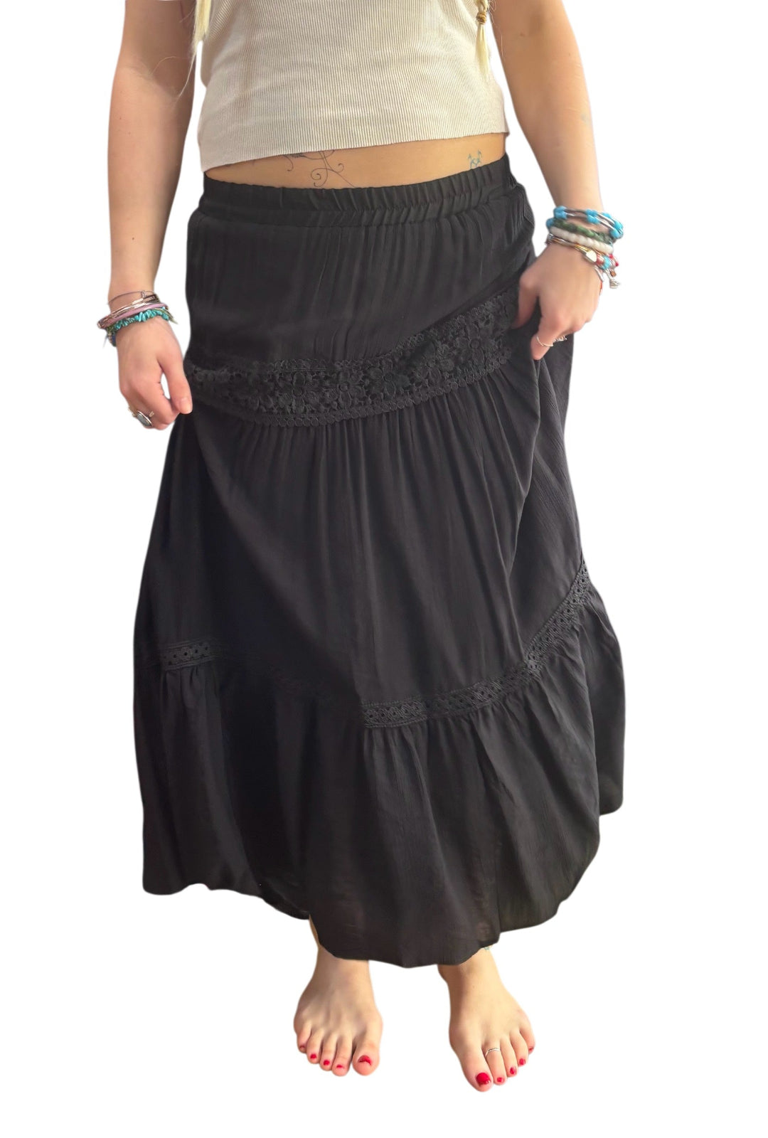 Black Boho Skirt With Floral Detail