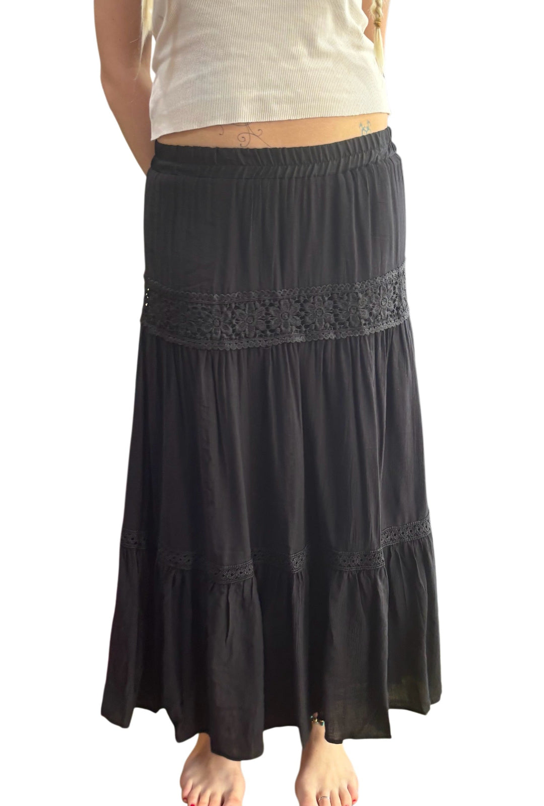 Black Boho Skirt With Floral Detail