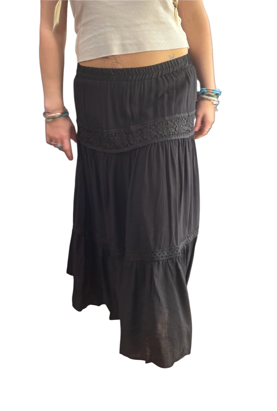 Black Boho Skirt With Floral Detail