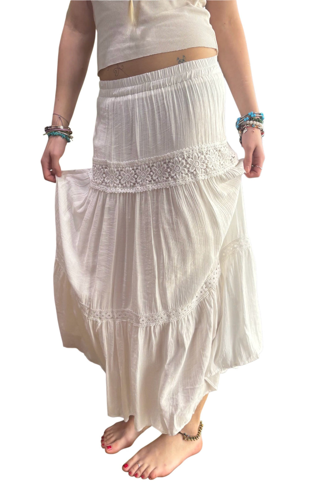 Antique White Boho Skirt With Floral Detail