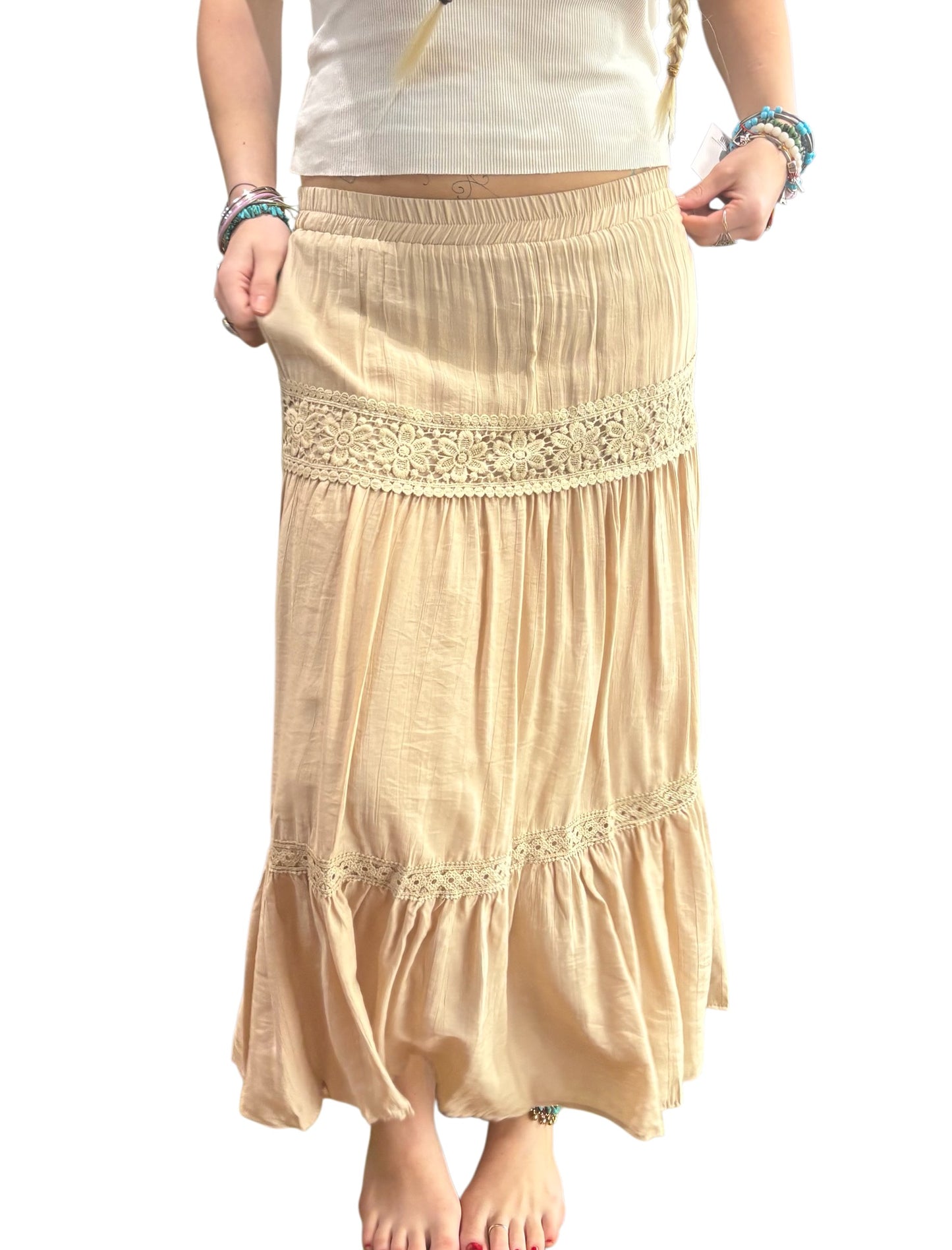 Light Brown Boho Skirt With Floral Detail