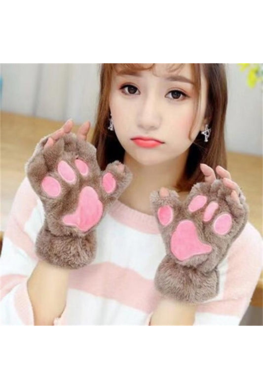 Brown & Pink Fluffy Cat Paw Gloves